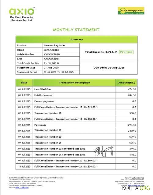Inde Karur Vysya Bank relevé de compte Modèle Word et PDF, version 2